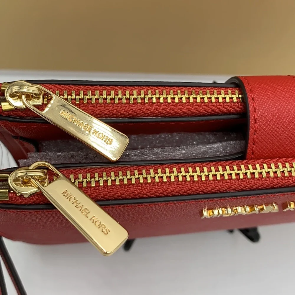 MICHAEL KORS LARGE DOUBLE ZIP WRISTLET WALLET FLAME COLOR